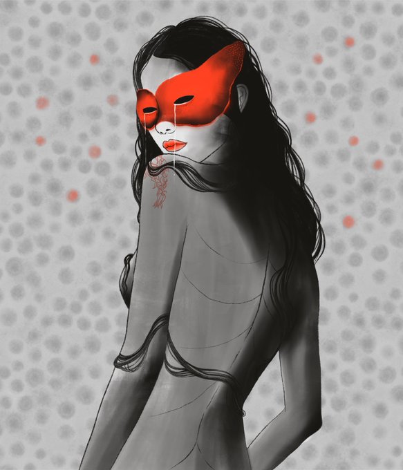 Digital illustration of a pale-skinned woman with long black hair wearing a red masquerade mask and red lipstick, holding the mask's tear drop, with a pattern of grey and red dots in the background.