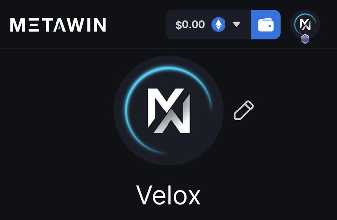 A digital interface for the METAWIN platform displays the 'METAWIN' logo in the top left, a $0.00 balance in the top center, a circular avatar in the top right, and a large 'Velox' profile icon with an edit pencil symbol in the center.