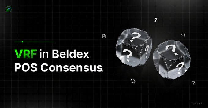 A dark promotional graphic for 'VRF in Beldex POS Consensus' featuring two translucent dice with question marks, with 'beldex.io' visible in the bottom corner.
