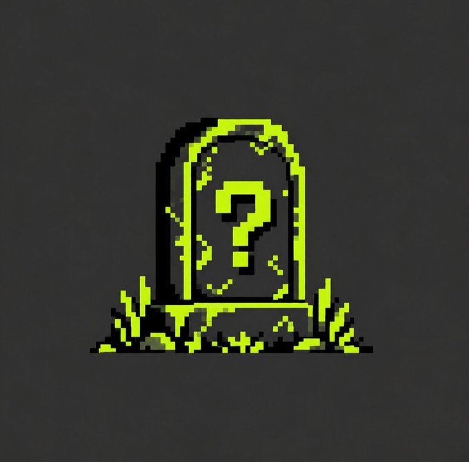 A pixel art image of a green and black tombstone with a question mark, suggesting an unknown or hidden outcome.
