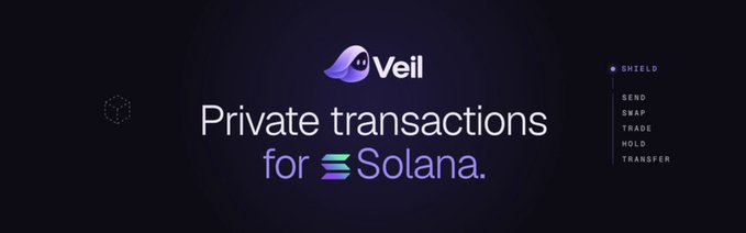 A promotional banner for the $VEIL project on Solana, featuring a stylized ghost logo with the tagline "Private transactions for Solana." alongside menu options including Shield, Send, Swap, Trade, Hold, and Transfer, visually representing the privacy-focused DeFi capabilities the post highlights as driving early momentum and trading volume for the newly launched token.