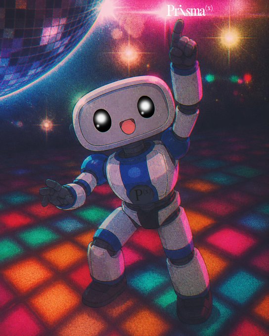 A cheerful robot mascot wearing a blue and white suit with a "P" logo on its chest dances on a multicolored disco floor under a disco ball, with the "Prisma" logo and "(AI)" symbol visible at the top. The image's playful, party-like atmosphere reflects the celebratory tone of the post highlighting PrismaX AI's innovative approach to integrating validators into their training pipeline for improved robotics models.
