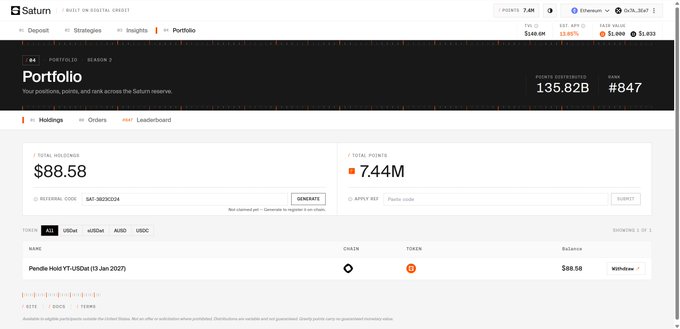 The image shows Saturn's S2 Season portfolio page displaying a user with ID SAT-36092524, holding a "Panda Host YT-USDat" position worth $88.5B with a total of 7.44M points distributed on Ethereum. The portfolio shows $88.5B in total holdings and 135.82B points distributed, rank #847, illustrating the USDat yield-bearing product mentioned in the post about earning yields/points simultaneously during Saturn's S2 season.