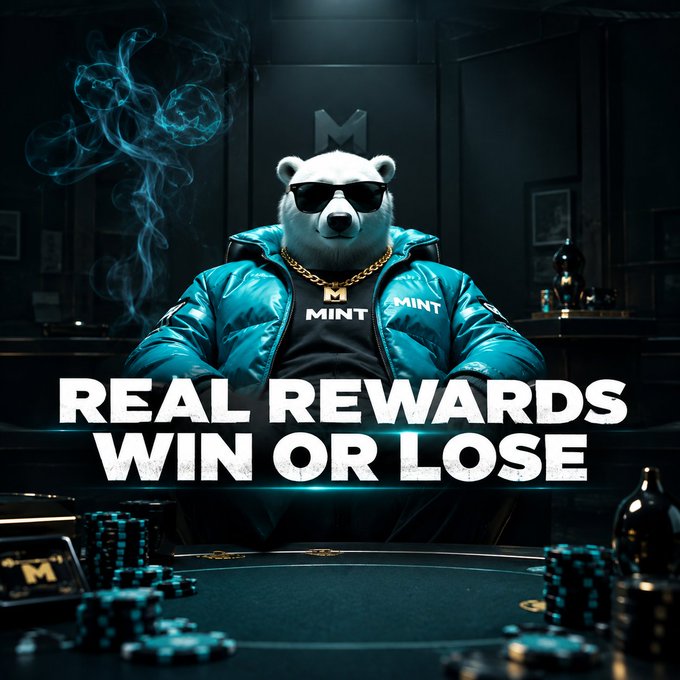An advertisement for 'MINT' showing a polar bear wearing sunglasses, a gold chain, and a blue puffer jacket behind a casino table with the text 'REAL REWARDS WIN OR LOSE'.