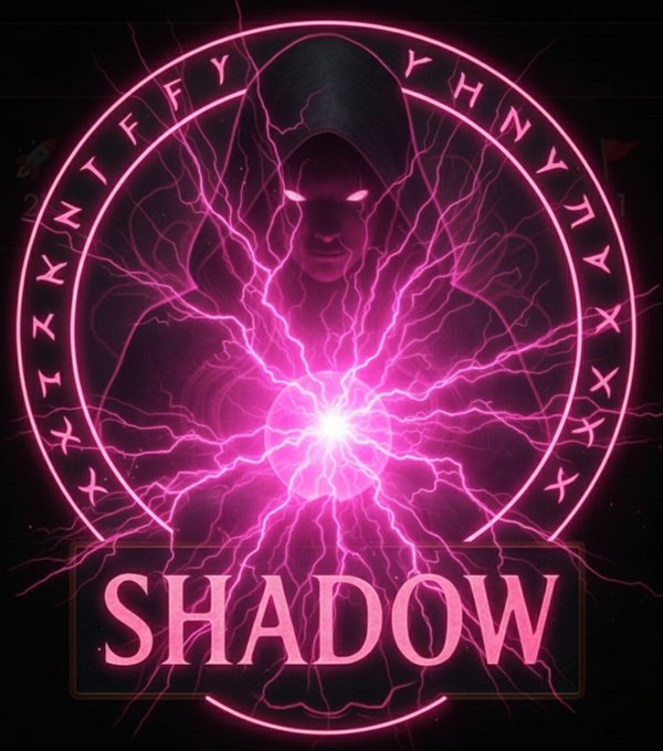 A dark, hooded figure with glowing pink eyes stands within a neon pink runic circle, with a burst of pink lightning emanating from their chest above the bold text "SHADOW".