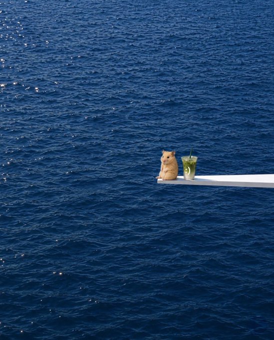 A small orange hamster sits at the end of a white diving board overlooking a vast blue ocean, with a green cocktail beside it. The whimsical scene humorously captures the post's sentiment of feeling carefree and excited after seeing the @0xfluid announcement.
