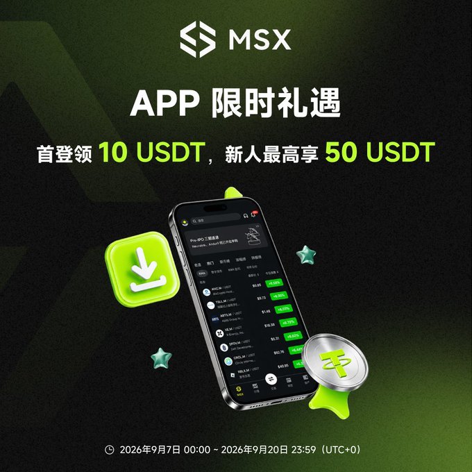 A promotional graphic for MSX's app featuring a smartphone display with crypto market data, advertising a limited-time offer where new users can claim 10 USDT upon first registration and up to 50 USDT, running from September 7 to September 20, 2026 (UTC+0). The image visually supports the MEXC user acquisition campaign highlighted in the accompanying post.