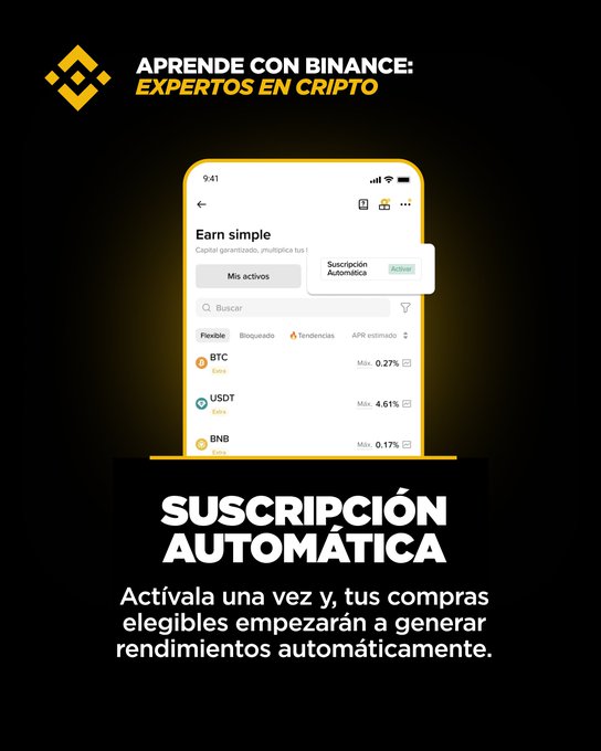 Binance Spanish advertisement 'Aprende con Binance: Expertos en Cripto' promoting the 'Suscripción Automática' (Auto-Subscription) feature for the Earn Simple product.