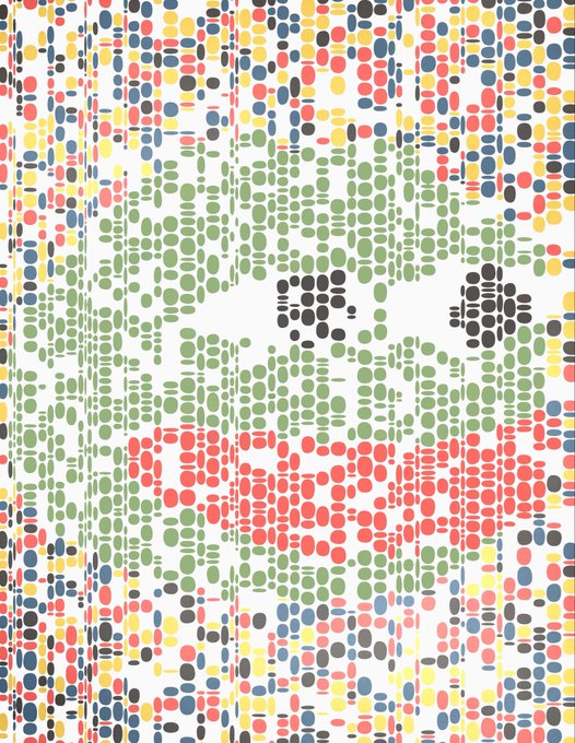 A hidden image illusion where colored dots form the shape of a goat when viewed from a distance.