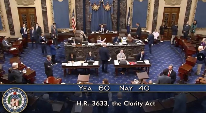 The image shows the U.S. Senate floor during a vote on H.R. 3633, the Clarity Act, with an on-screen tally displaying "Yea 60, Nay 40," illustrating the bill's passage milestone before it heads to reconciliation with the House and potential presidential approval as outlined in the timeline.