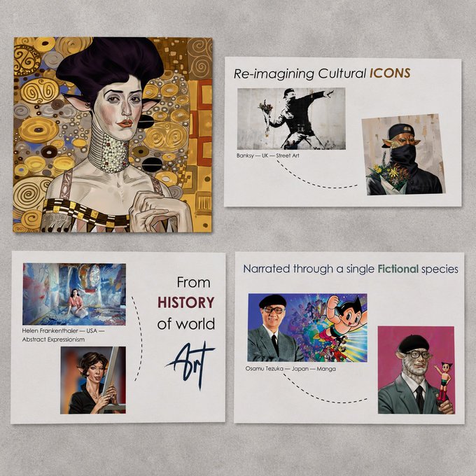A four-panel promotional collage for "The Icons" NFT series, featuring a Klimt-style portrait alongside sections titled "Re-imagining Cultural ICONS" (showing Banksy's UK Street Art with a reimagined figure), "From HISTORY of world Art" (showcasing Helen Frankenthaler USA Abstract Expressionism), and "Narrated through a single Fictional species" (displaying Osamu Tezuka Japan Manga). The collage visually demonstrates the project's concept of reimagining landmark artists and cultural icons through a single fictional species, bridging classical art history with modern cultural references.