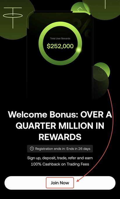 A promotional graphic for OKX's welcome bonus campaign highlights a $252,000 total user rewards pool, with registration ending in 26 days, offering 100% cashback on trading fees and a "Join Now" call-to-action button to support the affiliate's announcement of a massive rewards program for new users.