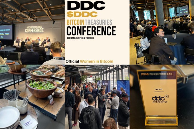 A collage promotes the "DDC $DDC BITCOIN TREASURIES CONFERENCE" on September 28 in New York, hosted by "Official Women in Bitcoin," showing panel discussions and a lunch sponsored by "ddc enterprise."