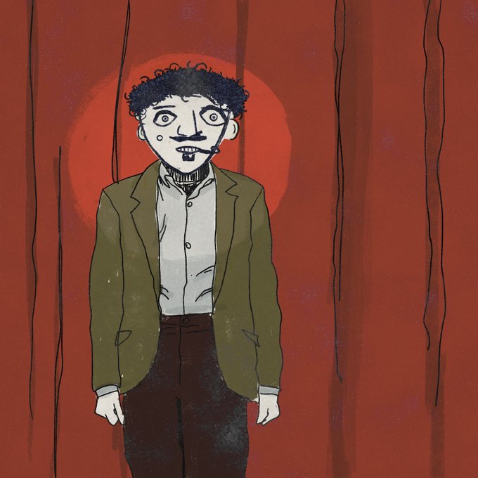 A stylized, eerie illustration of a wide-eyed, mustachioed man in a green jacket standing before a red background with dark vertical streaks and a circular sun.