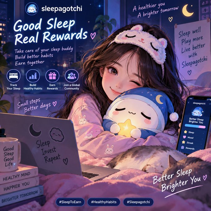 An anime-style promotional graphic for 'Sleepagotchi' showing a girl hugging a plush character with text including 'Good Sleep Real Rewards', 'Better Sleep Brighter You', and hashtags #SleepToEarn, #HealthyHabits, #Sleepagotchi.