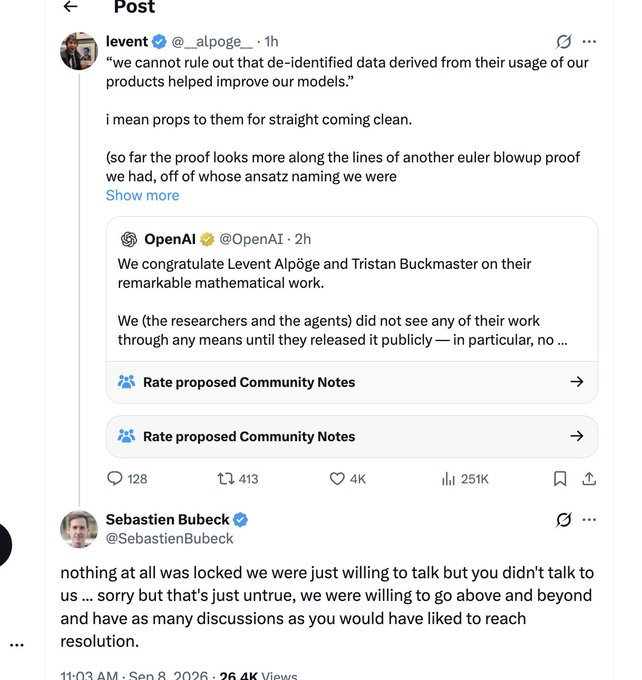 A Twitter/X screenshot showing a post by Levent Alpöge (@_alpoge_) referencing OpenAI, alongside a quote of an OpenAI tweet congratulating Levent Alpöge and Tristan Buckmaster on mathematical work, with a reply from Sebastien Bubeck (@SebastienBubeck).