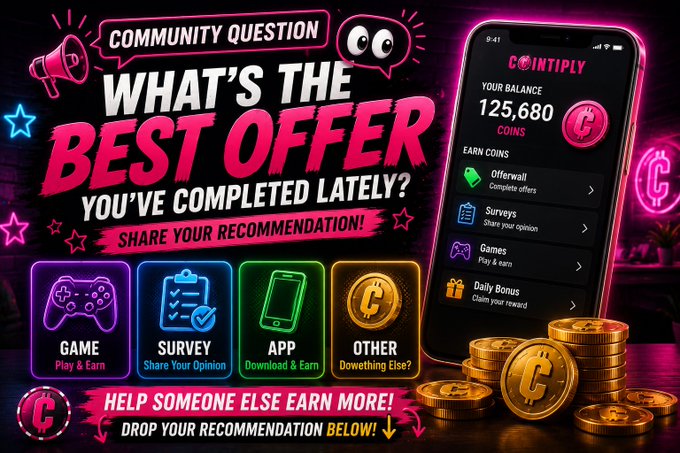 A vibrant neon-themed promotional graphic for the "Cointiply" rewards app poses the question "What's the BEST offer you've completed lately?" and showcases a phone displaying a balance of 125,680 coins alongside options like "Offerwall," "Surveys," "Games," and "Daily Bonus." The image visually reinforces the community post by encouraging users to share their favorite offer type—Game, Survey, App, or Other—to help others earn more rewards.