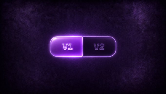 A glowing purple neon toggle switch is displayed against a dark textured background, with "V1" illuminated on the left side and "V2" appearing dimmer on the right, indicating the V1 option is currently selected.