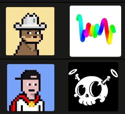 The image features four different cartoon characters, each with a unique style and appearance. They are displayed side by side against a black background, creating an interesting contrast that highlights their individual designs. The first character is wearing a cowboy hat and a red cape, while the second one has a brown bear on its head. The third character is depicted in a white hat and a blue shirt, and the fourth character wears a white hat with a rainbow design. These characters are part of an online marketplace where people can buy or sell digital artworks like these cartoon characters.