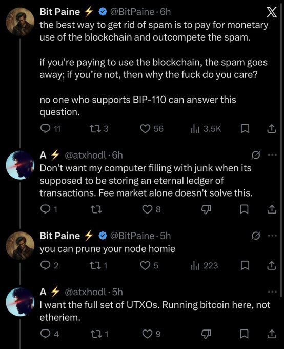 A Twitter/X thread debate between Bit Paine (@BitPaine) and @atxhodl about Bitcoin's BIP-110, discussing spam, transaction fees, node pruning, and UTXO management.