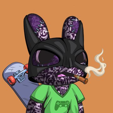 A digital illustration of a character wearing a sparkly black bunny mask, a green shirt with a game controller logo, holding a skateboard and a cigar.