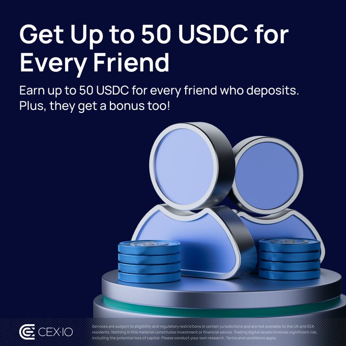 A CEX.IO promotional graphic on a dark blue background advertises "Get Up to 50 USDC for Every Friend," showing 3D-rendered figures with stacks of blue USDC coins on a podium. The image visually supports the August Referral Promo by illustrating the up to 50 USDC reward per friend who deposits, with CEX.IO's logo and disclaimer text at the bottom.