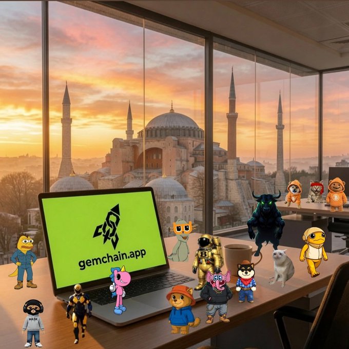 An office desk scene overlooking the Hagia Sophia at sunset, featuring various cartoon NFT characters and figurines surrounding a laptop displaying the 'gemchain.app' logo.