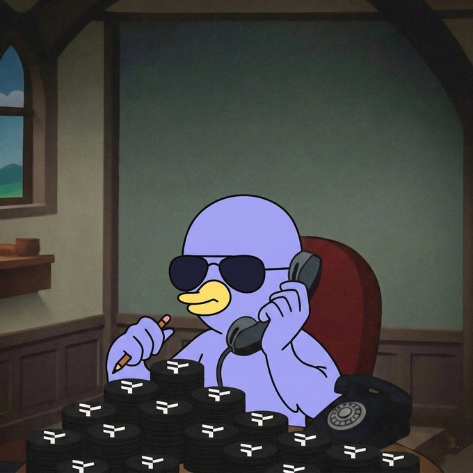 urns of gold and silver, a black phone, and a purple bird with sunglasses sit on a table against a green wall.