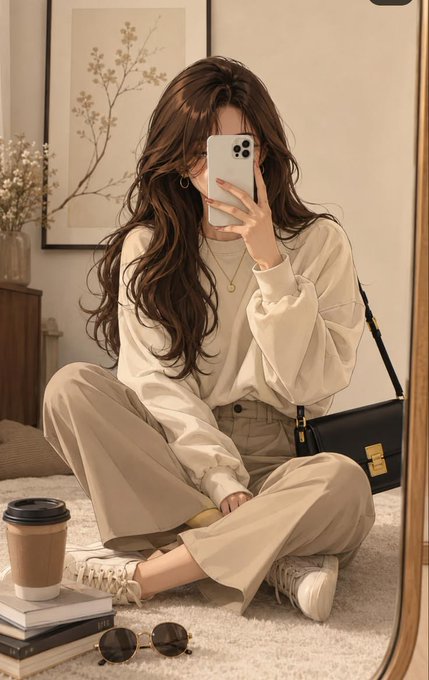 A woman with long brown hair, dressed in a beige oversized sweater and wide-leg trousers, sits cross-legged on a cream rug while taking a mirror selfie with her phone, surrounded by a coffee cup, stacked books, sunglasses, and a framed botanical print. The cozy, neutral-toned aesthetic pairs with the post's laid-back "GM Web3" vibe, reinforcing a calm, consistent lifestyle theme of stacking River Points daily and staking $RIVER for future rewards.
