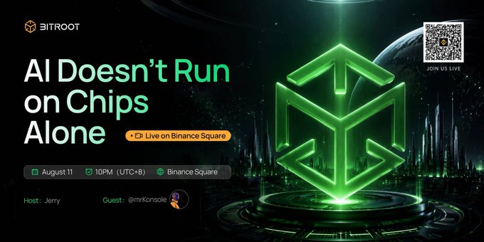 The image is a promotional banner for a Bitroot live stream titled "AI Doesn't Run on Chips Alone," scheduled for August 11 at 10PM (UTC+8) on Binance Square, hosted by Jerry with guest @mrkonsolo. The accompanying post announces Bitroot's milestone of achieving 10,000 TPS in real tests, highlighting the stream as a platform to discuss how the breakthrough in combining high-performance parallel processing with EVM compatibility underpins AI infrastructure beyond just hardware.