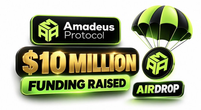 A promotional graphic for the Amadeus Protocol ($10 Million Funding Raised) featuring a black and green parachute delivering an Amadeus Protocol coin, alongside an "AIRDROP" label to highlight the ongoing Season 01 airdrop campaign. The bold gold "$10 MILLION FUNDING RAISED" text visually emphasizes the project's substantial financial backing referenced in the announcement.