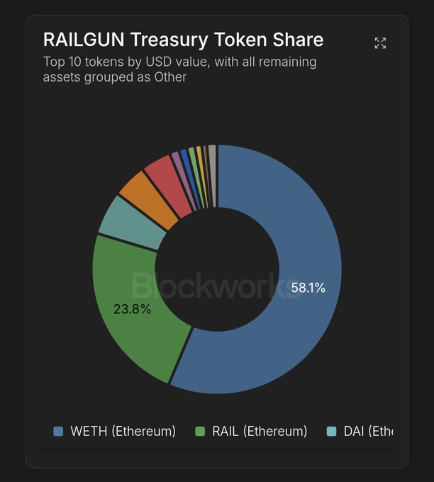 A Blockwork pie chart titled 'RAILGUN Treasury Token Share' showing the top 10 tokens by USD value, with WETH (Ethereum) at 58.1% and RAIL (Ethereum) at 23.8% as the largest holdings.