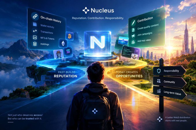 The image is a vibrant, futuristic promotional graphic for **Nucleus**, featuring a central glowing "N" cube logo with the tagline "Reputation. Contribution. Responsibility." above it. A hooded figure with a backpack stands with their back to the viewer, facing a glowing pathway that splits into two illuminated roads: the blue left road labeled "PAST BUILDS REPUTATION" (showing "On-chain History" with options like Wallet Activity, Transactions, NFTs & Tokens, and Holdings) and the golden right road labeled "TODAY CREATES OPPORTUNITIES" (showing "Contribution" options like Create quality content, Join campaigns, and Add real value). On the right side, directional signposts point toward "Responsibility," "Community," and "Long-term Value," while a futuristic cityscape sits in the background. The bottom corners feature the quotes "Not just who deserves access? But who can be trusted with it." and "A better Web3 distribution starts with real people