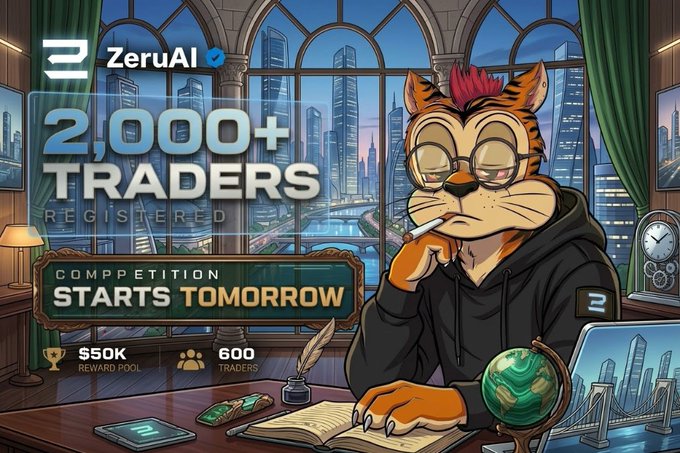 A promotional graphic for "ZeruAI" featuring an orange cat character with glasses in a hoodie, advertising "2,000+ TRADERS REGISTERED" with "COMPETITION STARTS TOMORROW" and a "$50K REWARD POOL".