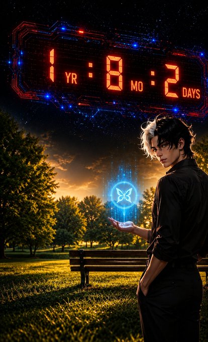 A stylized digital image shows a person holding a glowing blue butterfly hologram, with a futuristic countdown timer reading '1 YR : 8 MO : 2 DAYS' above.