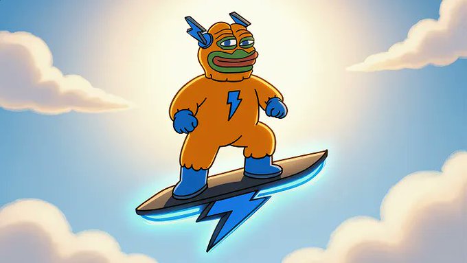 A cartoon superhero frog in an orange costume with a lightning bolt emblem surfs on a glowing rocket board through a bright, cloud-filled sky—visually echoing the post's emphasis on speed and a smooth, frictionless experience, with the lightning bolt symbol reinforcing the "fast experiences" message tied to Bitcoin Hyper.