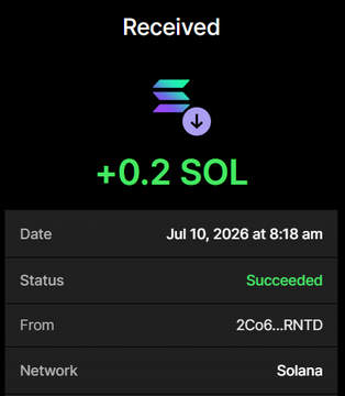 This image confirms a successful receipt of +0.2 SOL on July 10, 2026, aligning perfectly with the described purchase of 2 million $BULLSEM tokens for 0.2 $SOL.