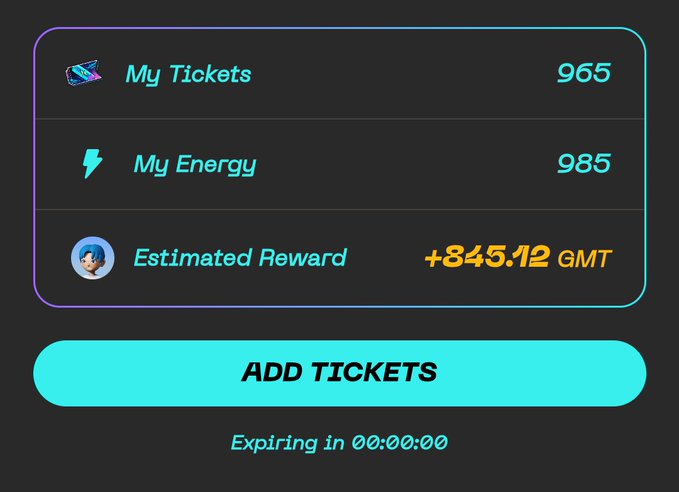 Dark screen showing My Tickets (965), My Energy (985), and Estimated Reward of +845.12 GMT with an ADD TICKETS button.