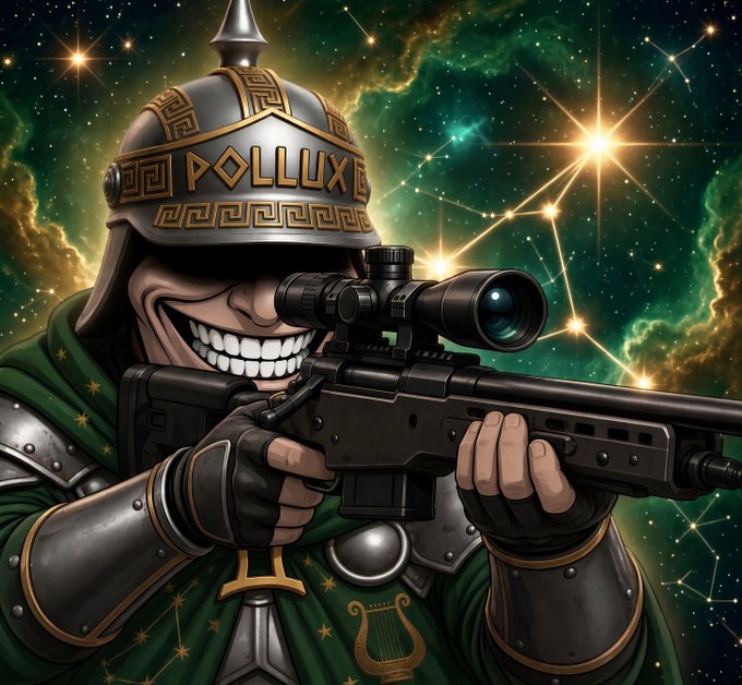 A digital illustration of a grinning character in Roman-style armor and a helmet labeled 'POLLUX' wielding a sniper rifle against a cosmic starry background.