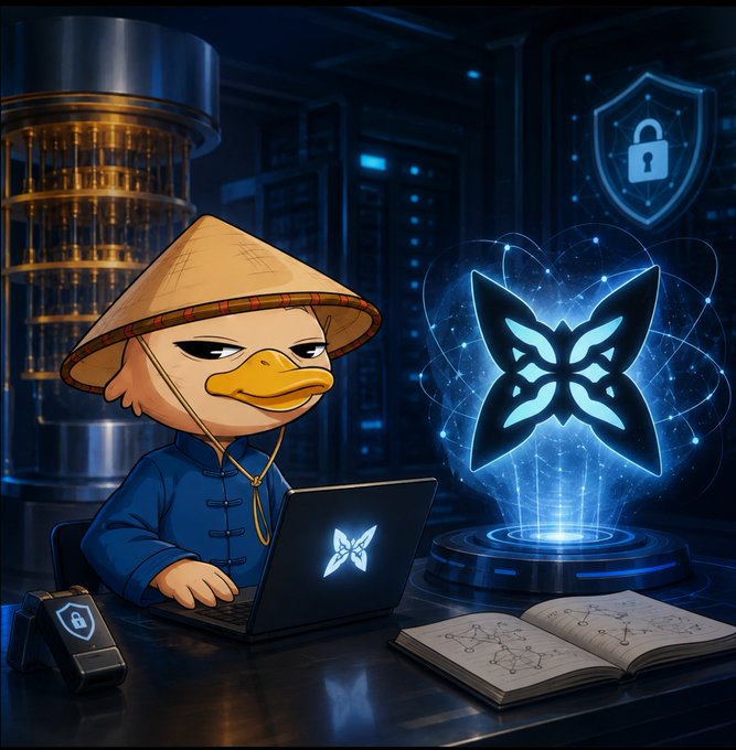 A digital illustration of a duck character wearing a conical Asian hat and blue traditional clothing, typing on a laptop with a butterfly logo, set in a high-tech server room with a glowing blue butterfly hologram and security shield icon.