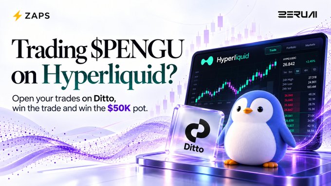 An advertisement for trading $PENGU on Hyperliquid via Ditto, featuring a penguin mascot and offering a $50K prize pot.