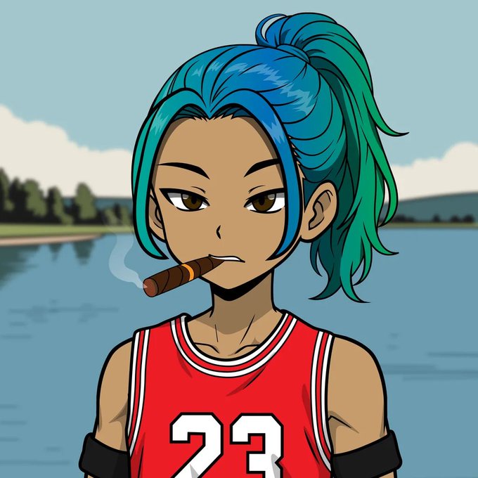 An anime-style character with blue-to-green gradient hair in a ponytail smokes a cigar while wearing a red basketball jersey with the number 23.