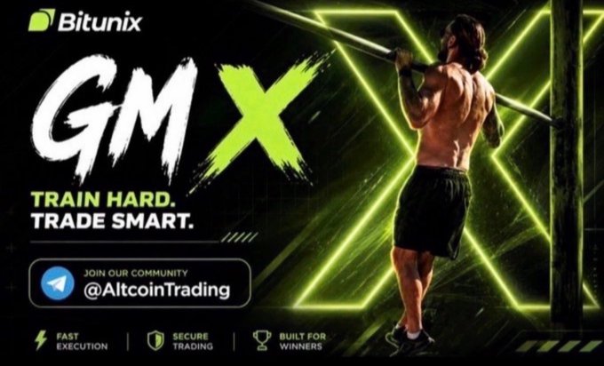 Promotional banner for Bitunix GMX featuring a muscular athlete with the tagline 'TRAIN HARD. TRADE SMART.' and a Telegram community link for AltcoinTrading.