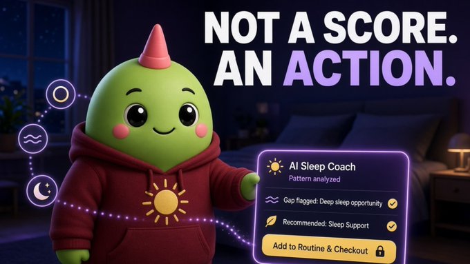 A promotional graphic featuring a green cartoon character in a red hoodie with 'NOT A SCORE. AN ACTION.' text and an 'AI Sleep Coach' interface showing sleep pattern analysis and recommendations.