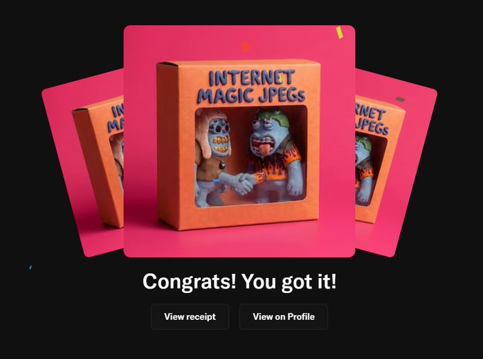 Digital collectible display showing a 3D box titled 'INTERNET MAGIC JPEGS' with cartoon zombie characters inside, accompanied by 'Congrats! You got it!' message and buttons for 'View receipt' and 'View on Profile'.