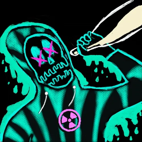 A stylized illustration of a Grim Reaper figure in a green robe with pink X-eyes, a radiation symbol necklace, and a scythe.