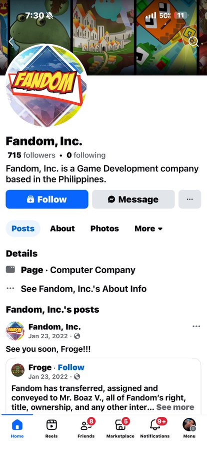 A screenshot of Fandom, Inc.'s Facebook page, displaying 715 followers, a description as a Philippines-based game development company, and a pinned post from January 23, 2022 announcing the transfer of company rights to Mr. Boaz V. The image serves as evidence supporting claims about the page's longevity and its connection to the $FROGE cryptocurrency project.