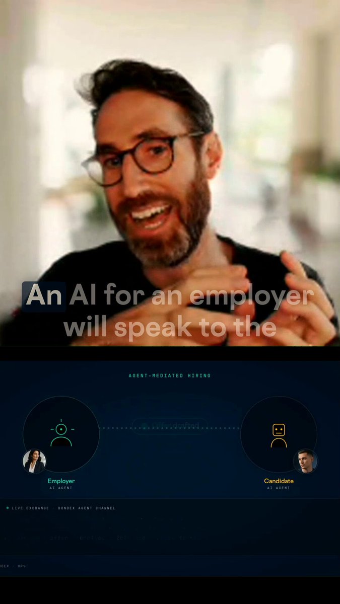 The image shows an advertisement for a job posting, featuring two profiles of people with different hair colors - one black-haired and one blonde-haired. The text in the image reads "An AI for an employee will speak to the agentic hiring of humans". This suggests that the company is using artificial intelligence (AI) technology to assist in the hiring process by analyzing the profiles of potential candidates, such as their hair color, to determine if they are suitable for a particular job. The post also mentions the importance of building trust between the AI system and the human agents involved in the hiring process.