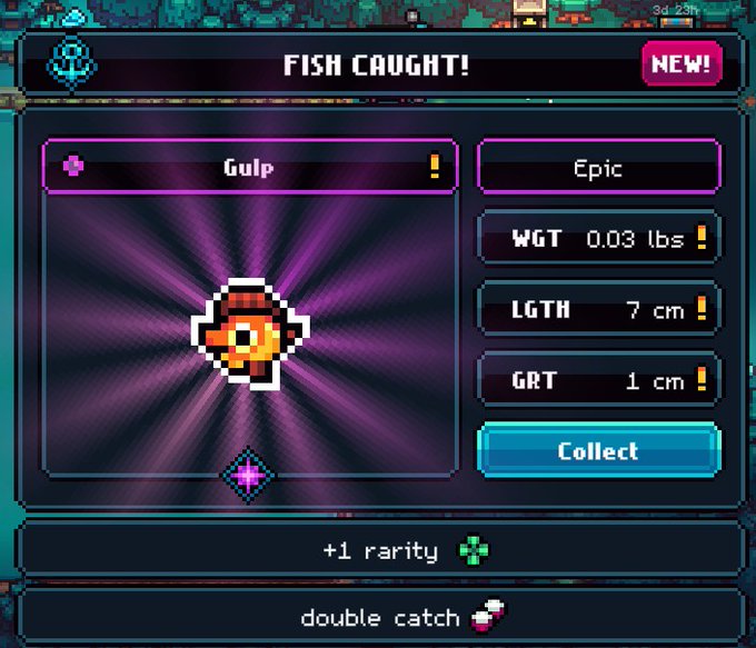 A pixel-art video game screen displays a 'FISH CAUGHT!' notification, showing a newly caught Epic 'Gulp' fish weighing 0.03 lbs, alongside stat bonuses for '+1 rarity' and 'double catch'.