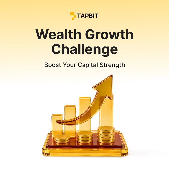 A golden bar chart with an upward-pointing arrow and stacked coins sits below the "TAPBIT" logo and the headline "Wealth Growth Challenge: Boost Your Capital Strength," visually representing the financial growth and trading rewards promoted in the accompanying post about the 30,000 USDT prize pool challenge.